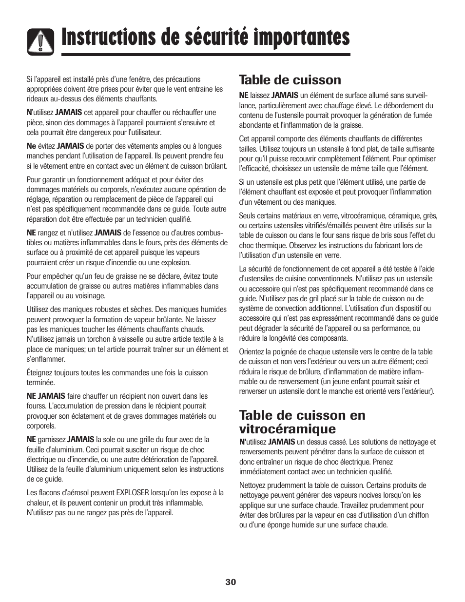 Instructions de sécurité importantes, Table de cuisson, Table de cuisson en vitrocéramique | Maytag 850 Series User Manual | Page 31 / 88