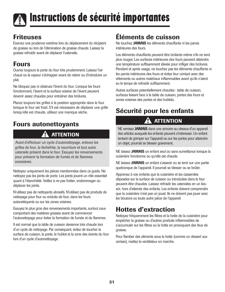 Instructions de sécurité importantes, Friteuses, Fours | Fours autonettoyants, Éléments de cuisson, Sécurité pour les enfants, Hottes d’extraction | Maytag 850 Series User Manual | Page 32 / 88