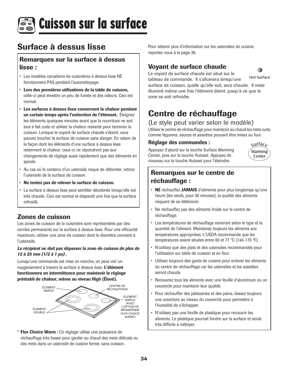 Cuisson sur la surface, Surface à dessus lisse, Centre de réchauffage | Remarques sur la surface à dessus lisse, Zones de cuisson, Voyant de surface chaude, Le style peut varier selon le modèle), Remarques sur le centre de réchauffage | Maytag 850 Series User Manual | Page 35 / 88