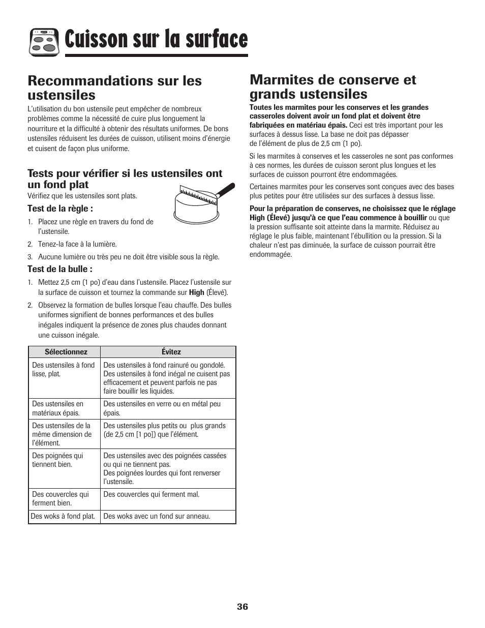 Cuisson sur la surface, Marmites de conserve et grands ustensiles, Recommandations sur les ustensiles | Maytag 850 Series User Manual | Page 37 / 88