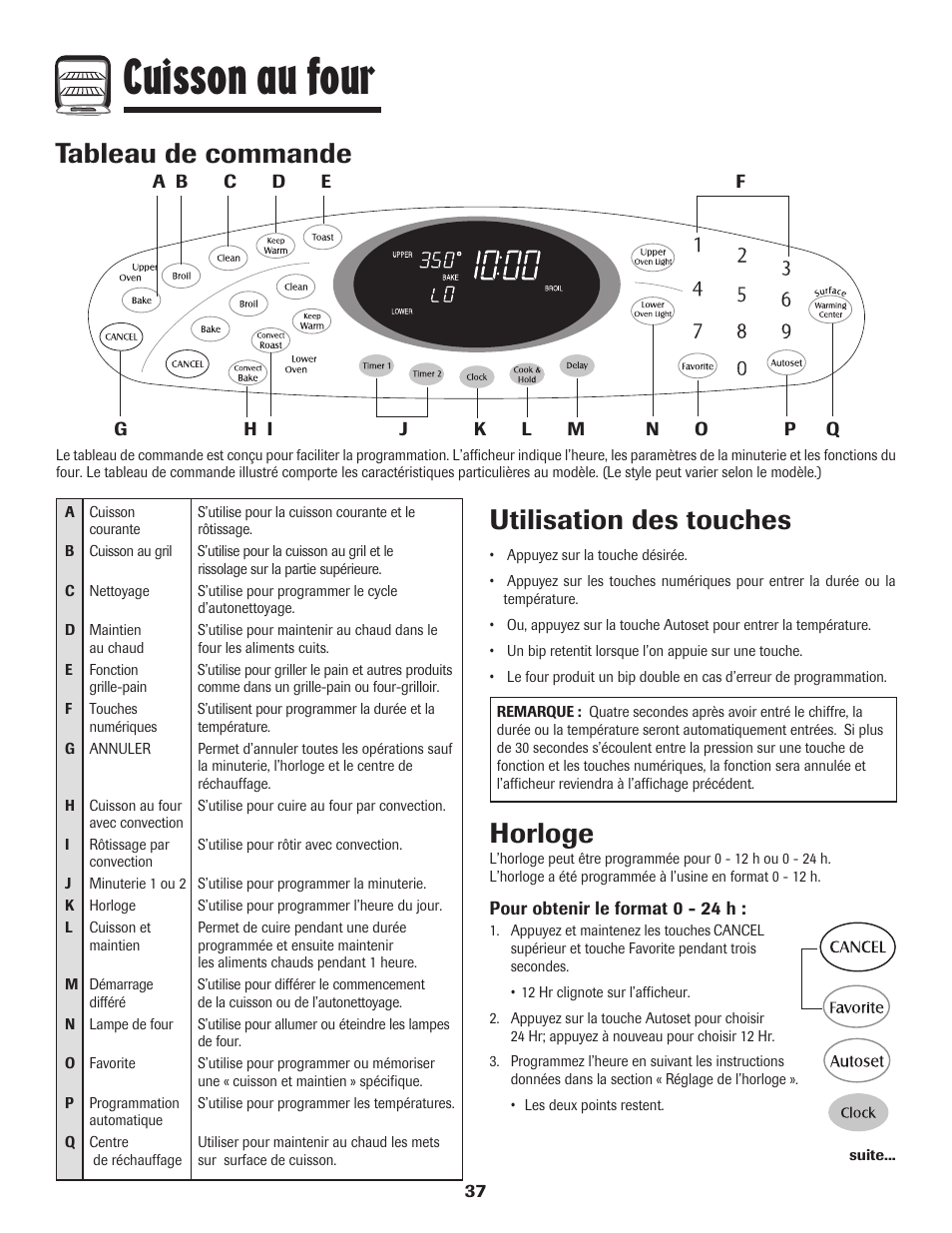 Cuisson au four, Tableau de commande, Utilisation des touches | Horloge | Maytag 850 Series User Manual | Page 38 / 88