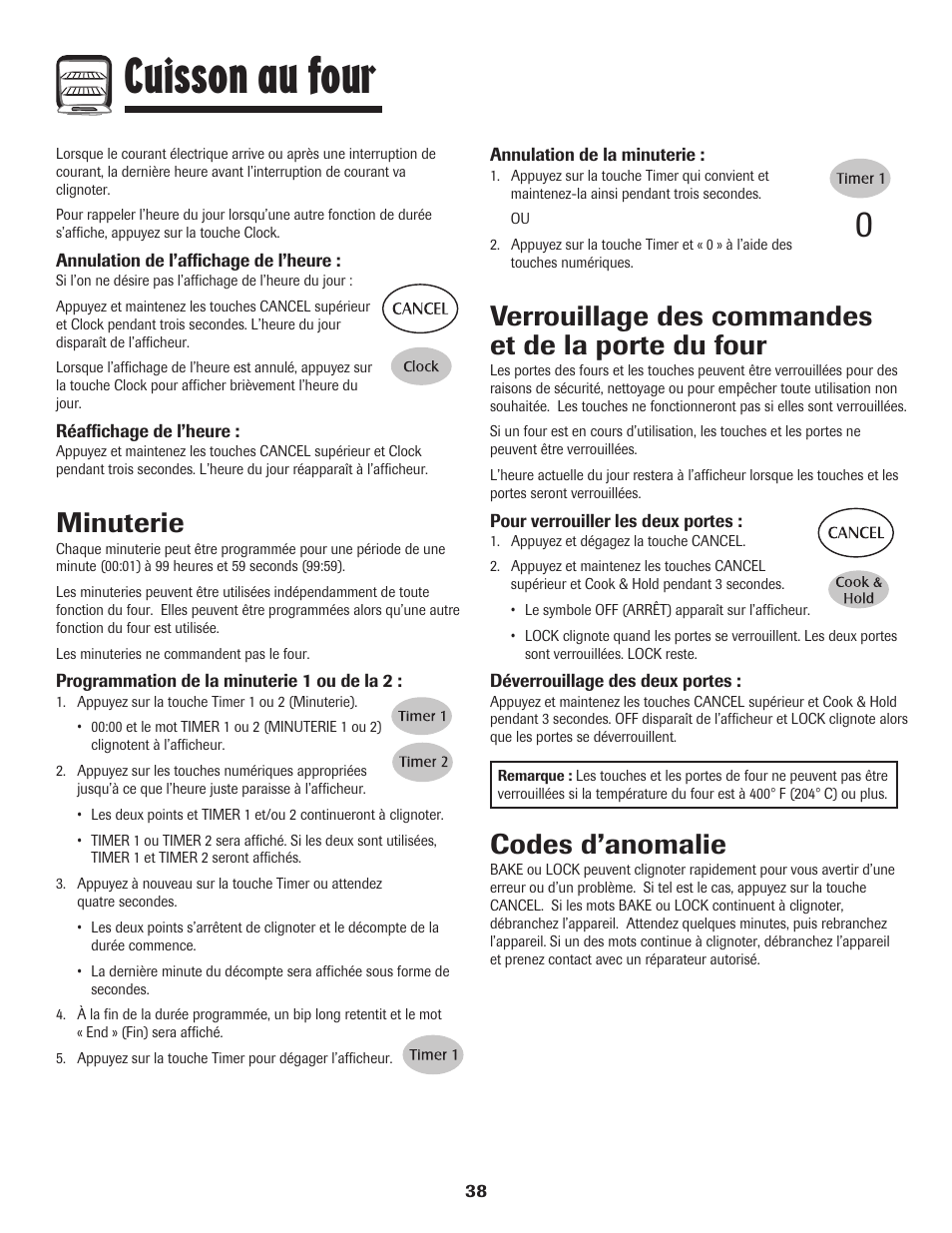 Cuisson au four, Minuterie, Verrouillage des commandes et de la porte du four | Codes d’anomalie | Maytag 850 Series User Manual | Page 39 / 88