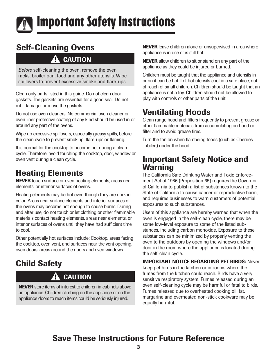 Important safety instructions, Save these instructions for future reference, Self-cleaning ovens | Ventilating hoods, Important safety notice and warning, Heating elements, Child safety | Maytag 850 Series User Manual | Page 4 / 88