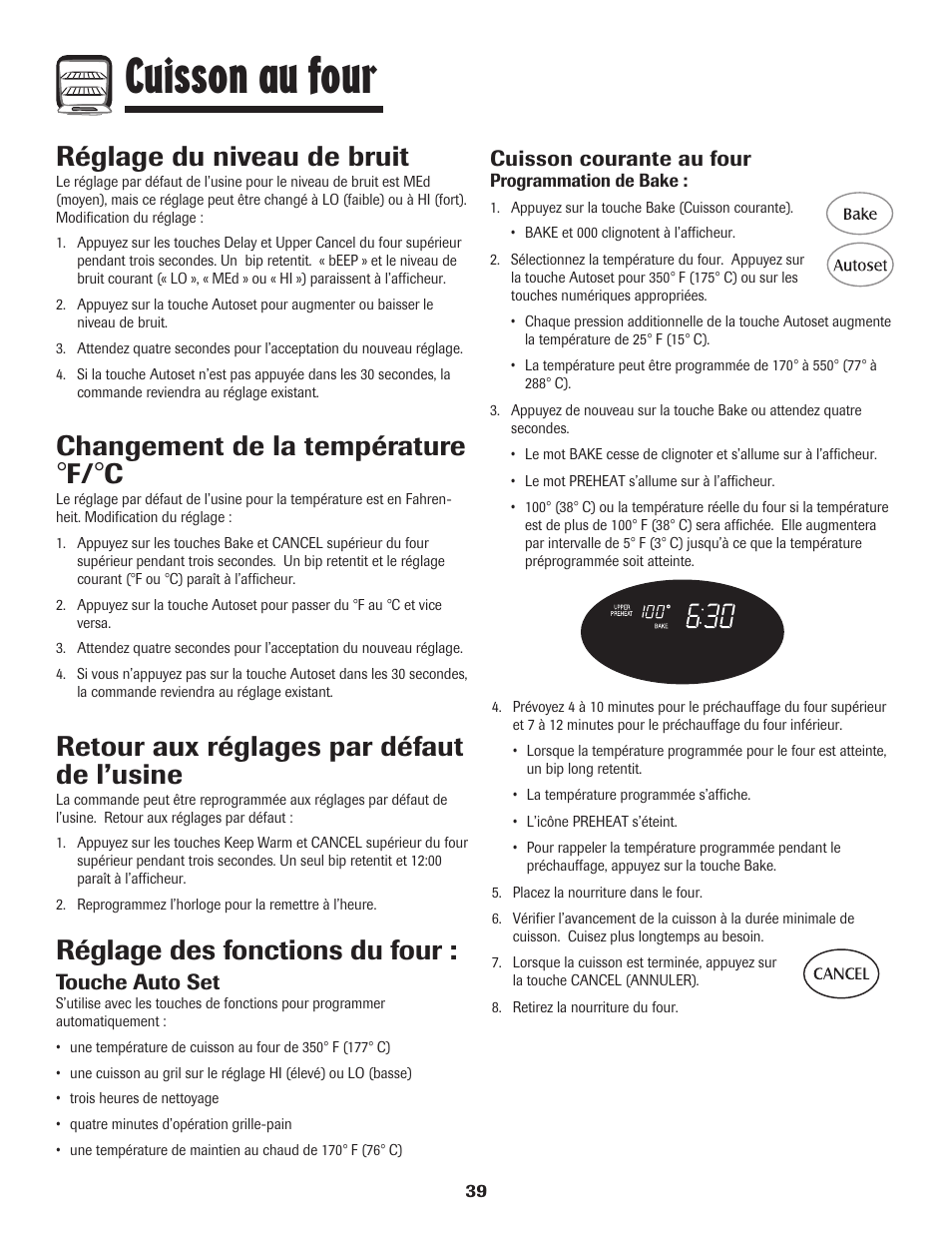 Cuisson au four, Réglage des fonctions du four, Réglage du niveau de bruit | Changement de la température, Retour aux réglages par défaut de l’usine, Touche auto set, Cuisson courante au four | Maytag 850 Series User Manual | Page 40 / 88