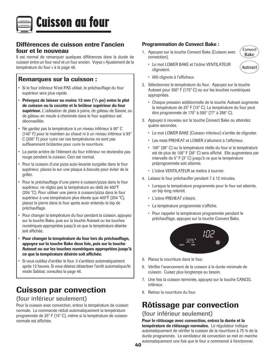 Cuisson au four, Cuisson par convection, Rôtissage par convection | Remarques sur la cuisson, Four inférieur seulement) | Maytag 850 Series User Manual | Page 41 / 88