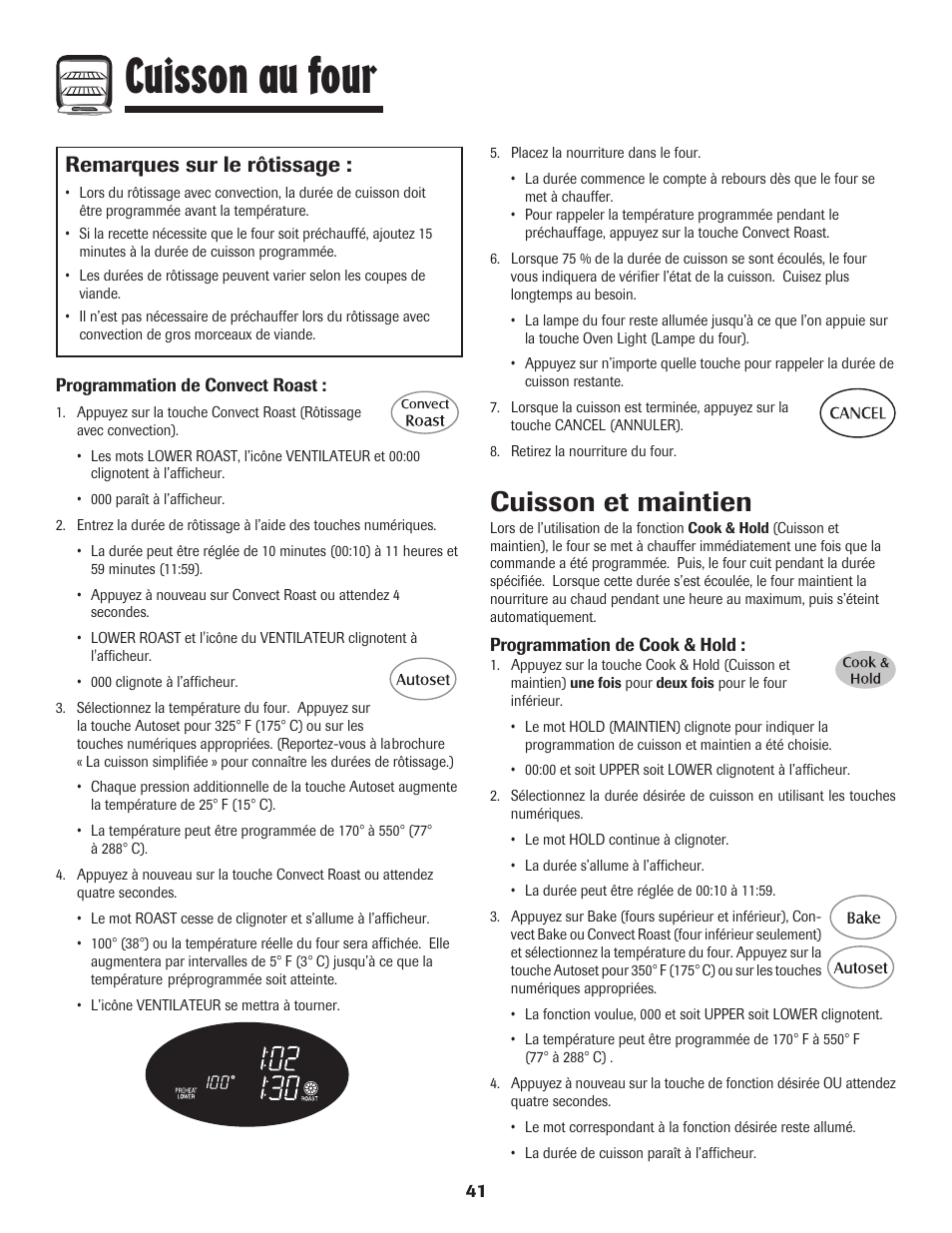 Cuisson au four, Cuisson et maintien, Remarques sur le rôtissage | Maytag 850 Series User Manual | Page 42 / 88