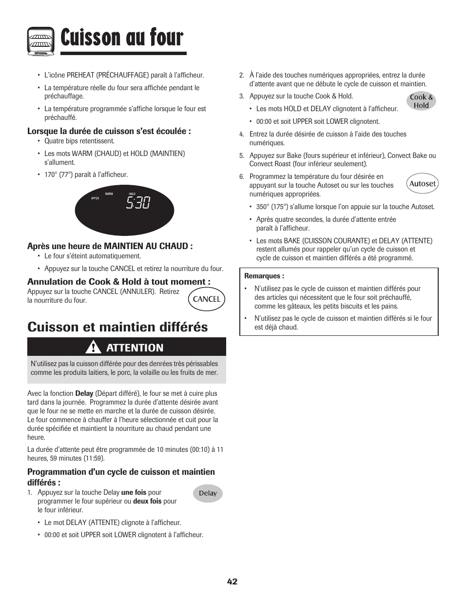 Cuisson au four, Cuisson et maintien différés, Attention | Maytag 850 Series User Manual | Page 43 / 88