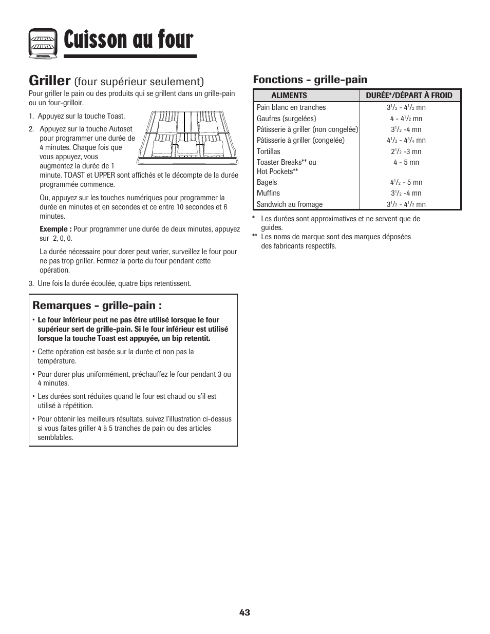 Cuisson au four, Griller, Four supérieur seulement) | Remarques - grille-pain, Fonctions - grille-pain | Maytag 850 Series User Manual | Page 44 / 88