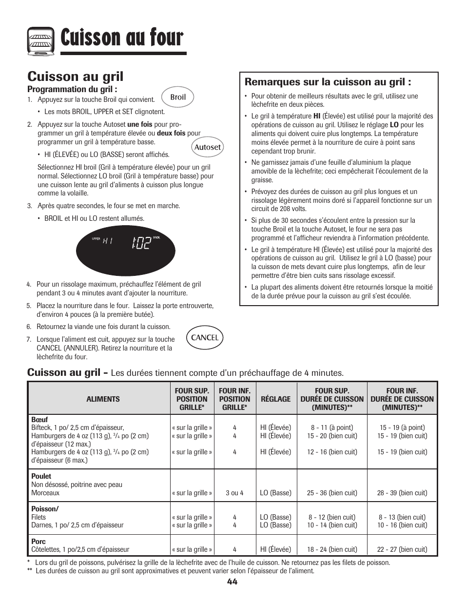 Cuisson au four, Cuisson au gril, Remarques sur la cuisson au gril | Maytag 850 Series User Manual | Page 45 / 88