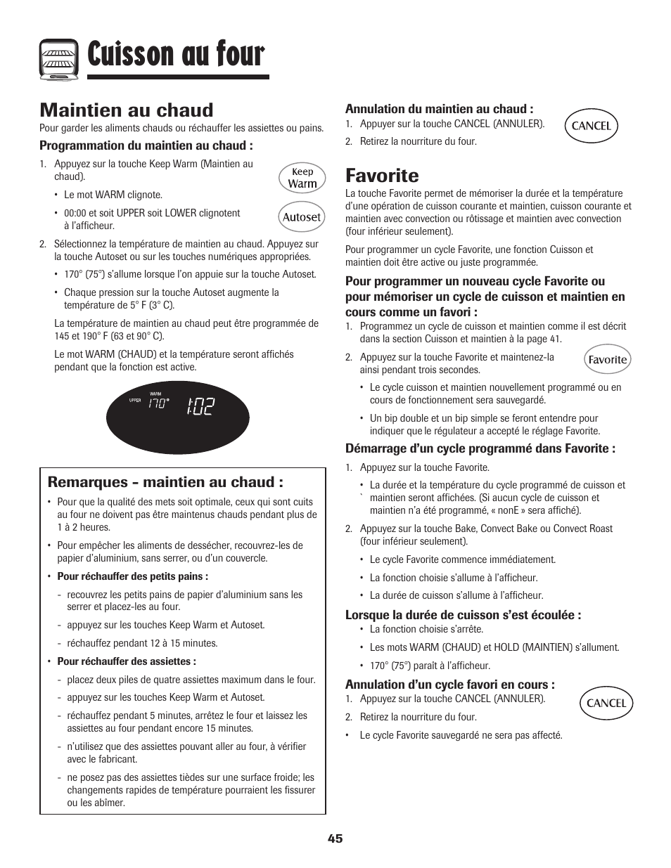 Cuisson au four, Maintien au chaud, Favorite | Remarques - maintien au chaud | Maytag 850 Series User Manual | Page 46 / 88