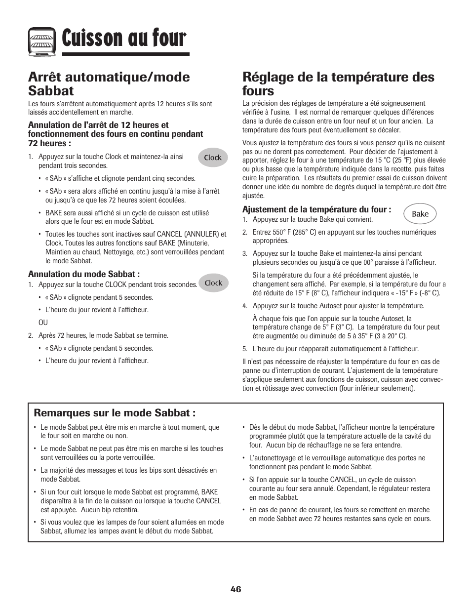 Cuisson au four, Arrêt automatique/mode sabbat, Réglage de la température des fours | Remarques sur le mode sabbat | Maytag 850 Series User Manual | Page 47 / 88