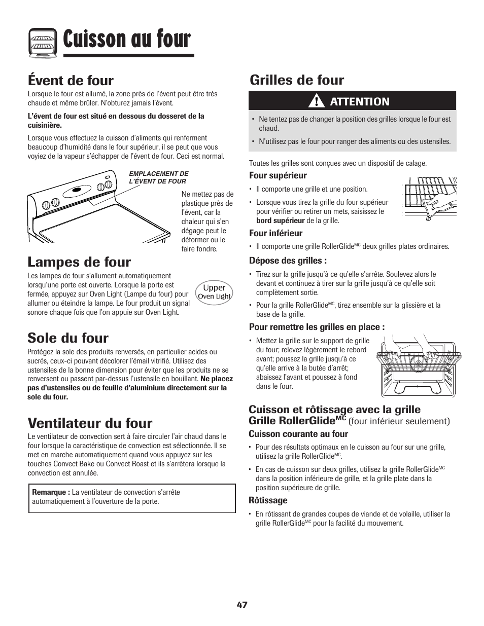 Cuisson au four, Lampes de four, Sole du four | Évent de four, Grilles de four, Ventilateur du four, Attention | Maytag 850 Series User Manual | Page 48 / 88