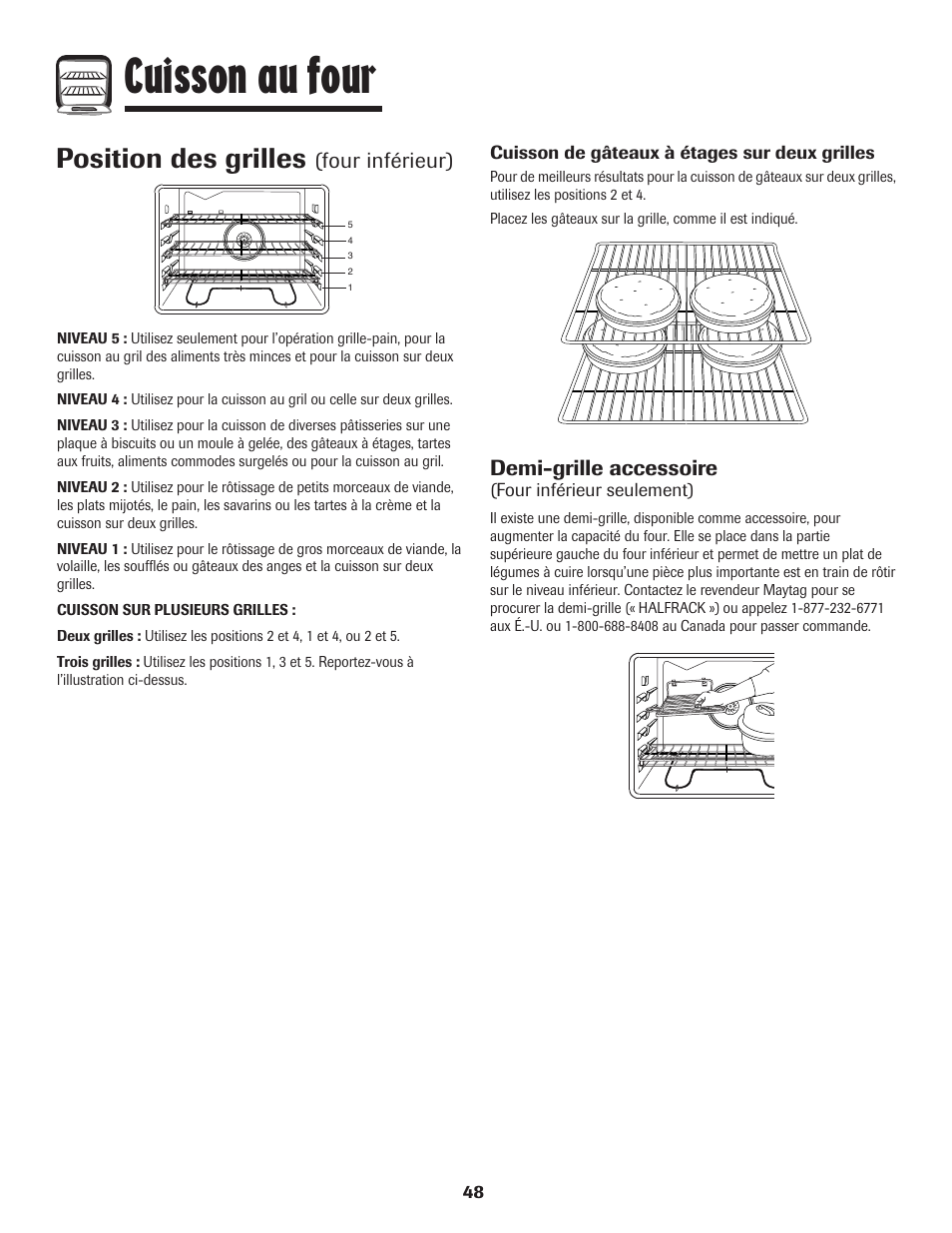 Cuisson au four, Position des grilles, Four inférieur) | Demi-grille accessoire | Maytag 850 Series User Manual | Page 49 / 88