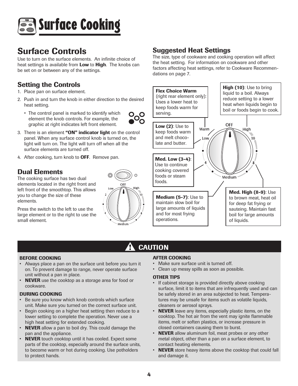 Surface cooking, Surface controls, Setting the controls | Dual elements, Caution suggested heat settings | Maytag 850 Series User Manual | Page 5 / 88