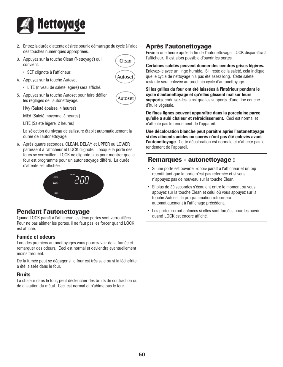 Nettoyage, Remarques - autonettoyage, Après l’autonettoyage | Pendant l’autonettoyage | Maytag 850 Series User Manual | Page 51 / 88