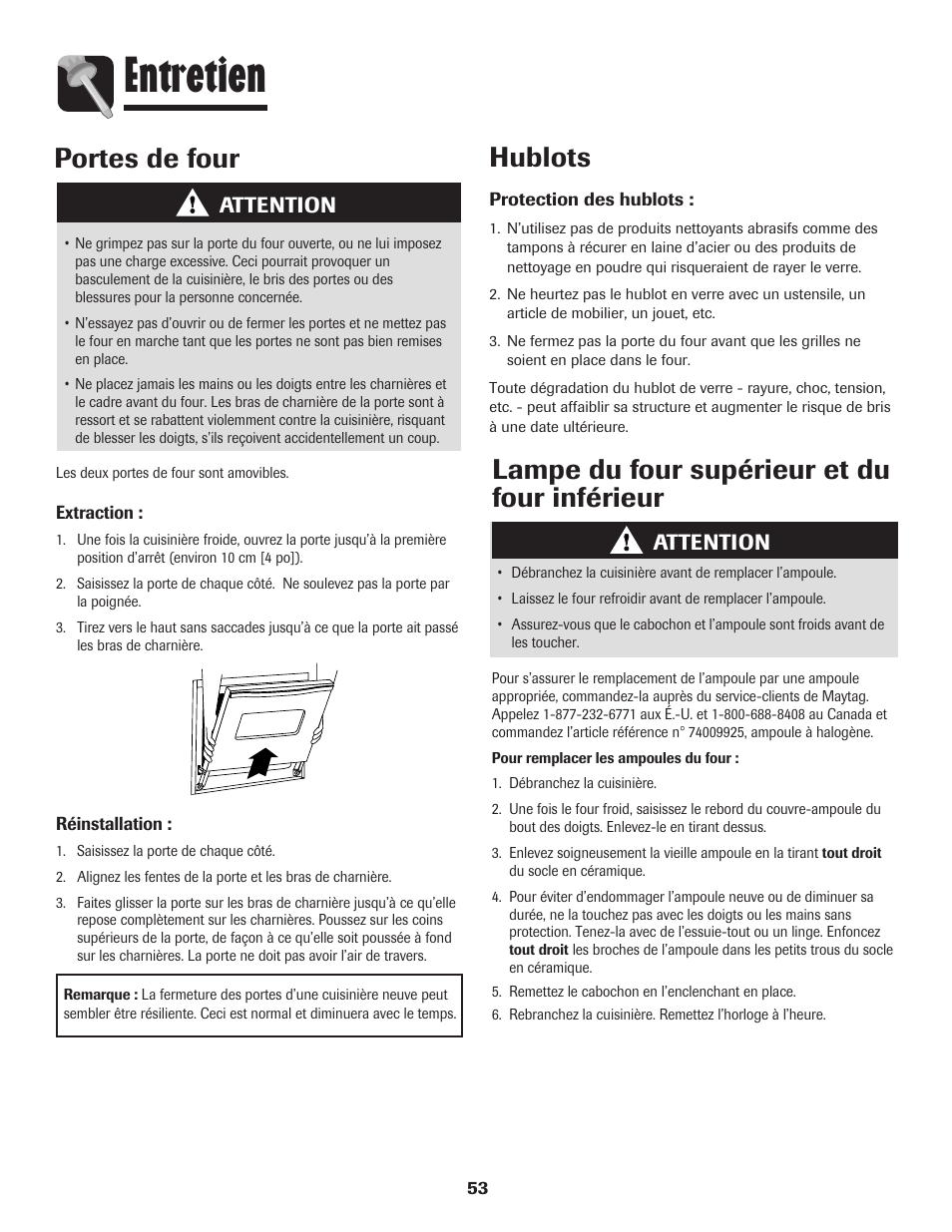 Entretien, Portes de four, Lampe du four supérieur et du four inférieur | Hublots, Attention | Maytag 850 Series User Manual | Page 54 / 88