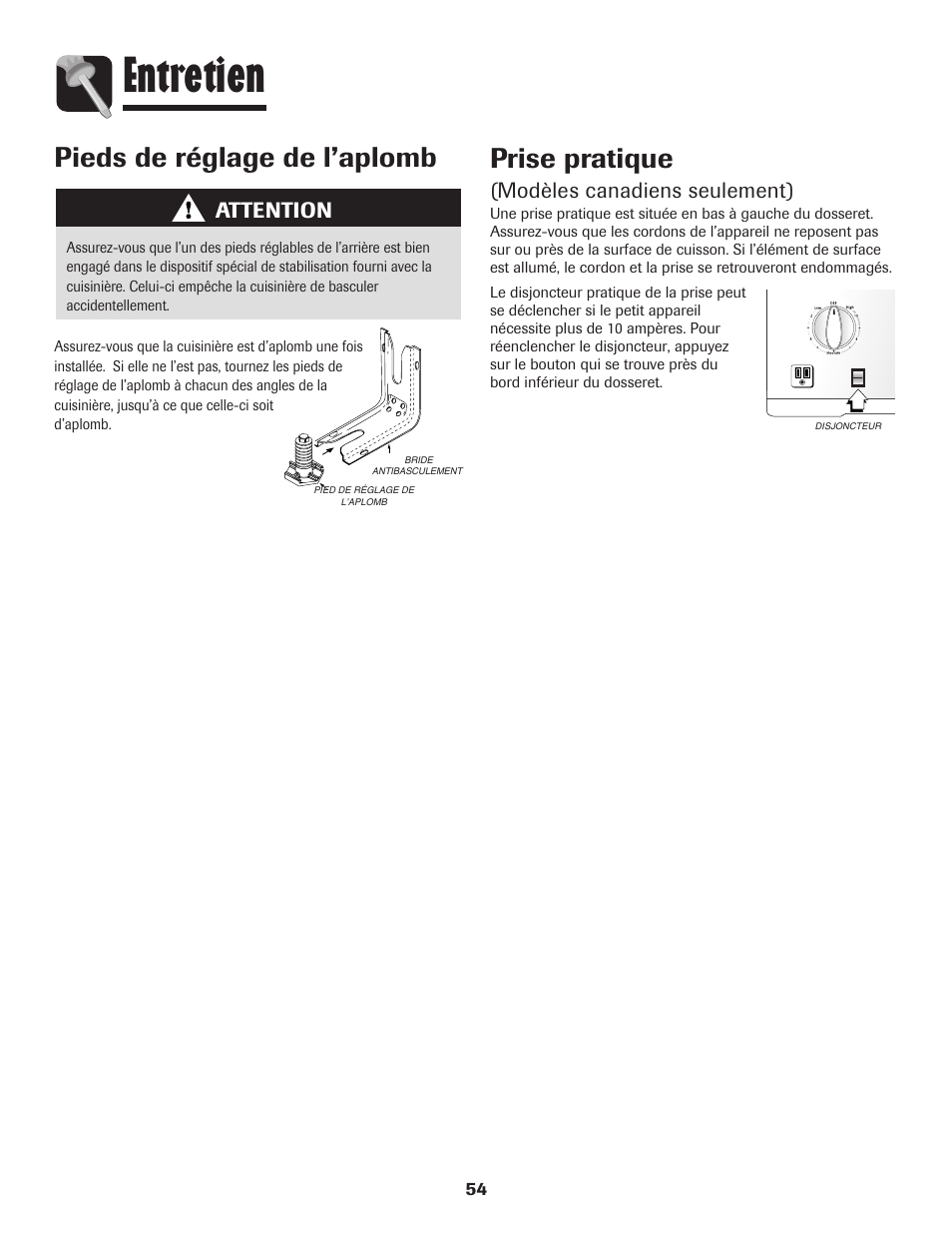 Entretien, Prise pratique, Pieds de réglage de l’aplomb | Modèles canadiens seulement), Attention | Maytag 850 Series User Manual | Page 55 / 88