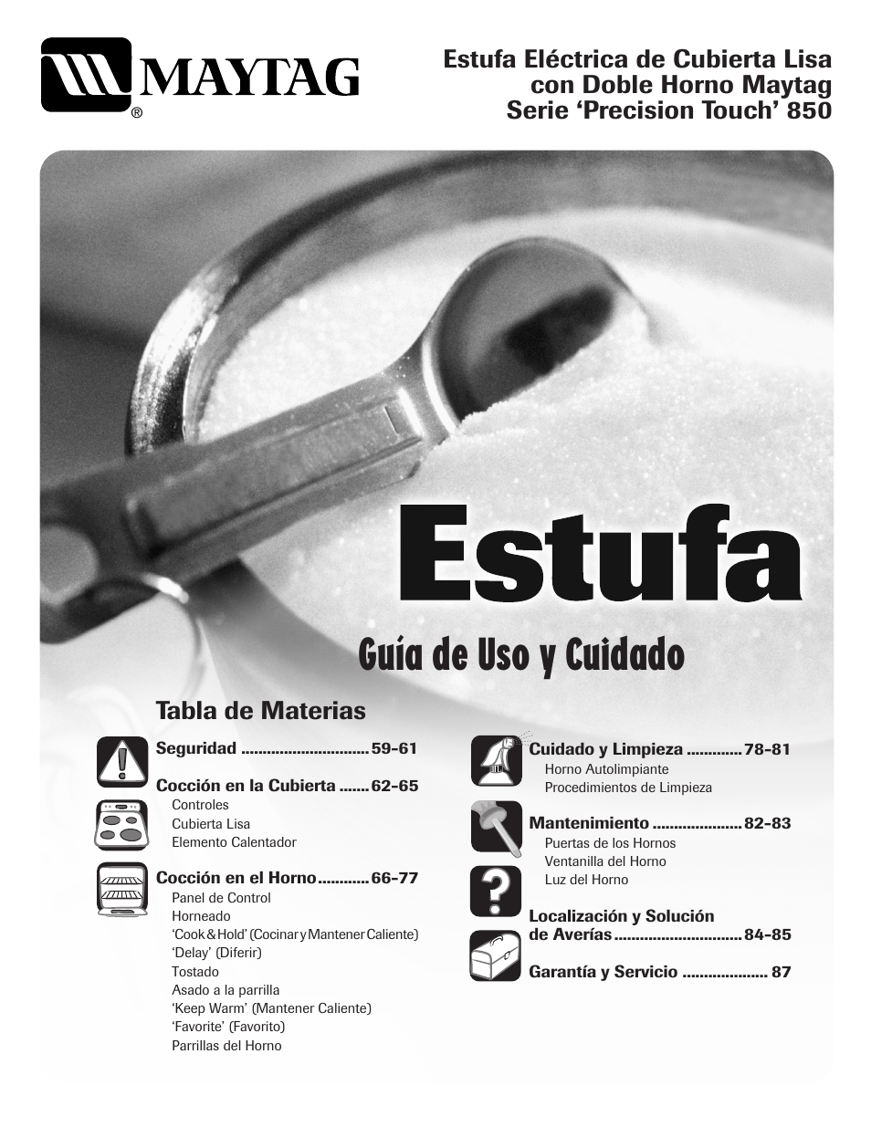 Guía de uso y cuidado, Tabla de materias | Maytag 850 Series User Manual | Page 59 / 88