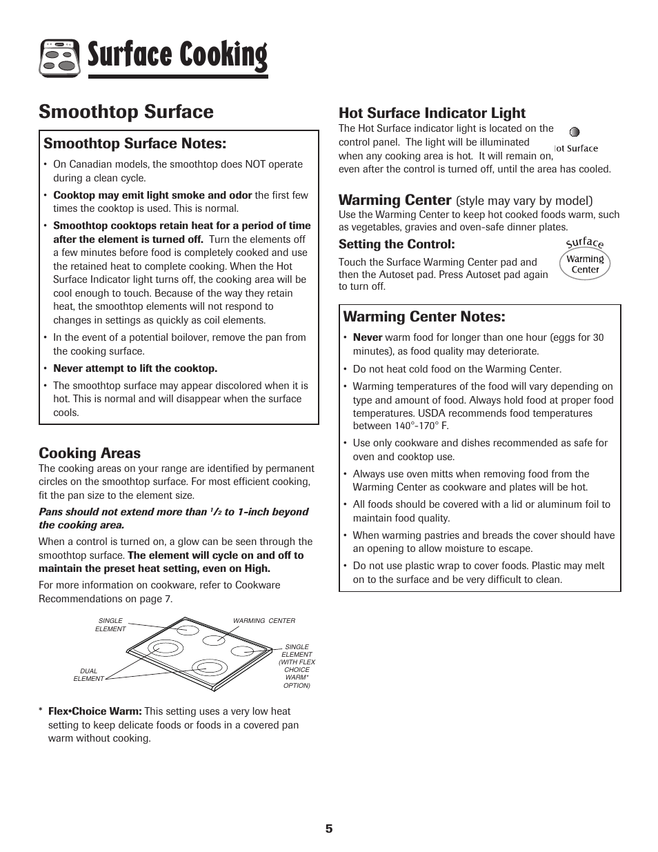 Surface cooking, Smoothtop surface, Cooking areas | Hot surface indicator light, Warming center | Maytag 850 Series User Manual | Page 6 / 88