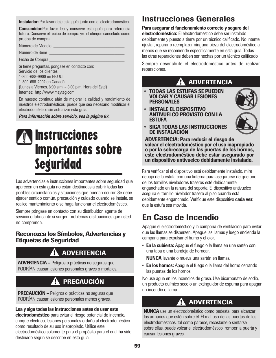 Instrucciones importantes sobre seguridad, Instrucciones generales en caso de incendio | Maytag 850 Series User Manual | Page 60 / 88