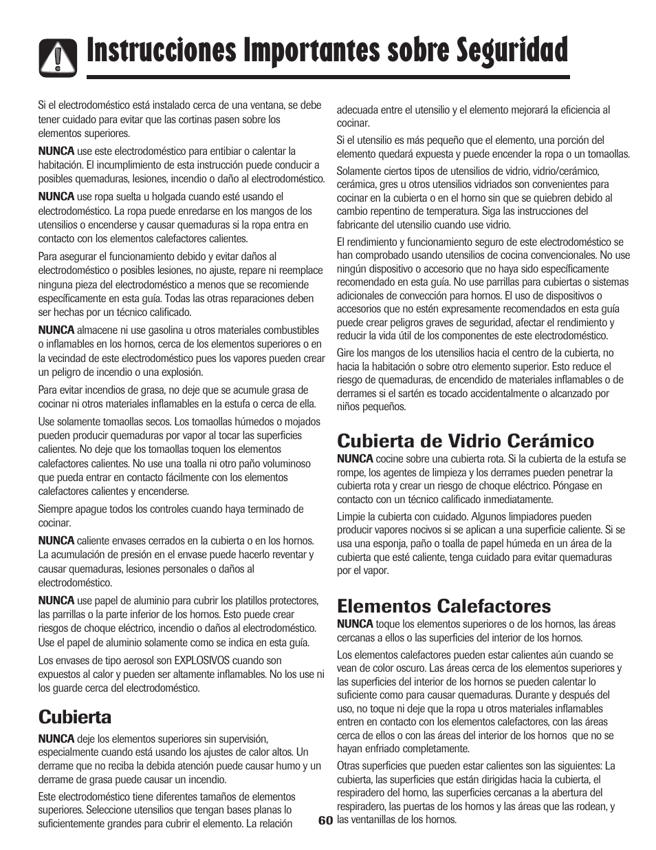 Instrucciones importantes sobre seguridad, Cubierta, Cubierta de vidrio cerámico | Elementos calefactores | Maytag 850 Series User Manual | Page 61 / 88