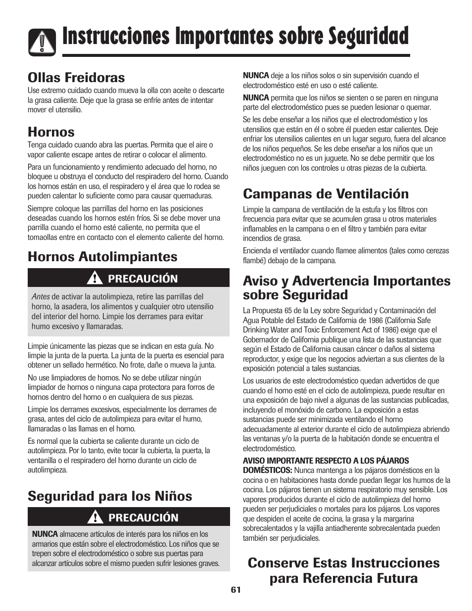 Instrucciones importantes sobre seguridad, Ollas freidoras, Hornos | Hornos autolimpiantes seguridad para los niños, Campanas de ventilación, Aviso y advertencia importantes sobre seguridad | Maytag 850 Series User Manual | Page 62 / 88