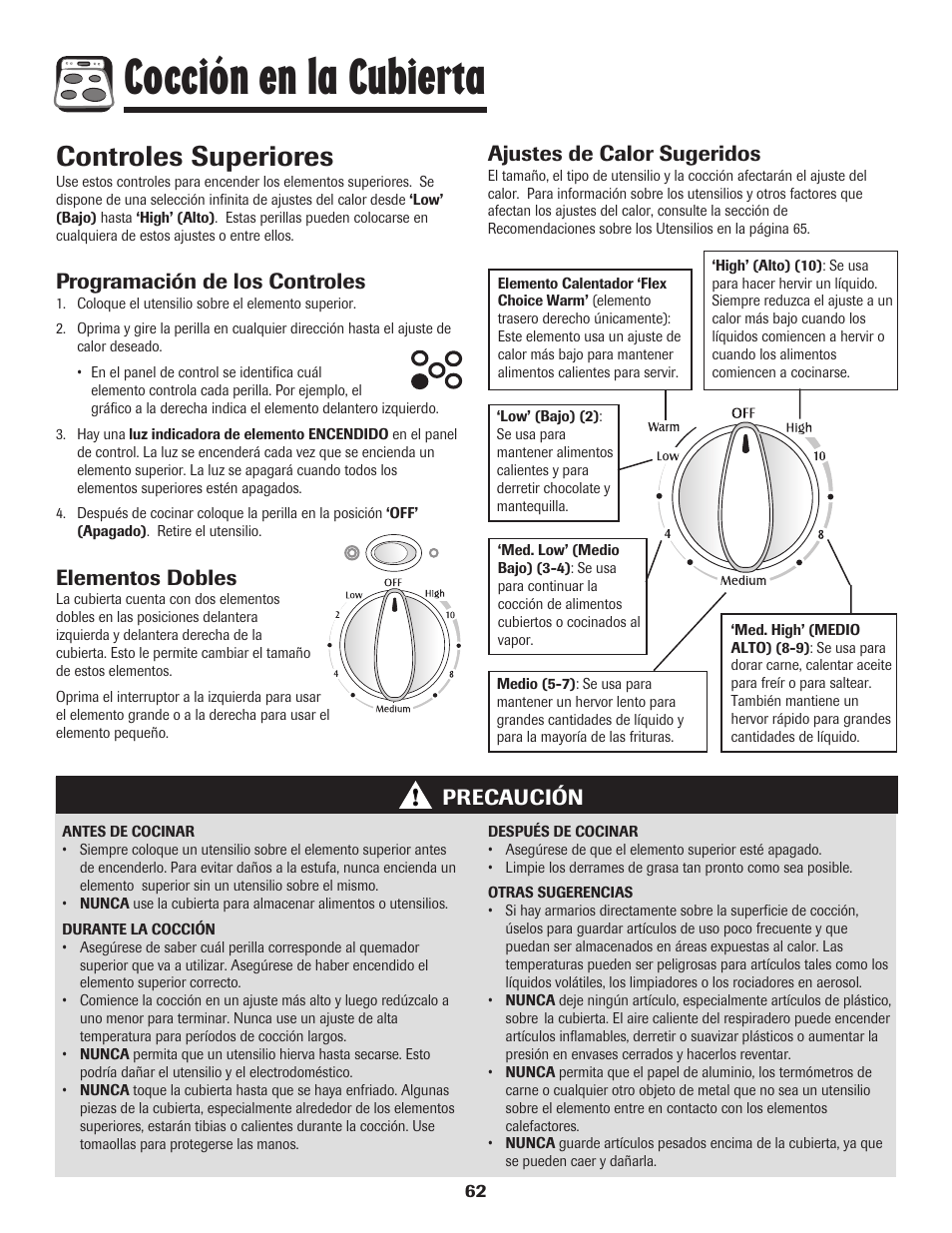Cocción en la cubierta, Controles superiores, Precaución | Programación de los controles, Elementos dobles, Ajustes de calor sugeridos | Maytag 850 Series User Manual | Page 63 / 88
