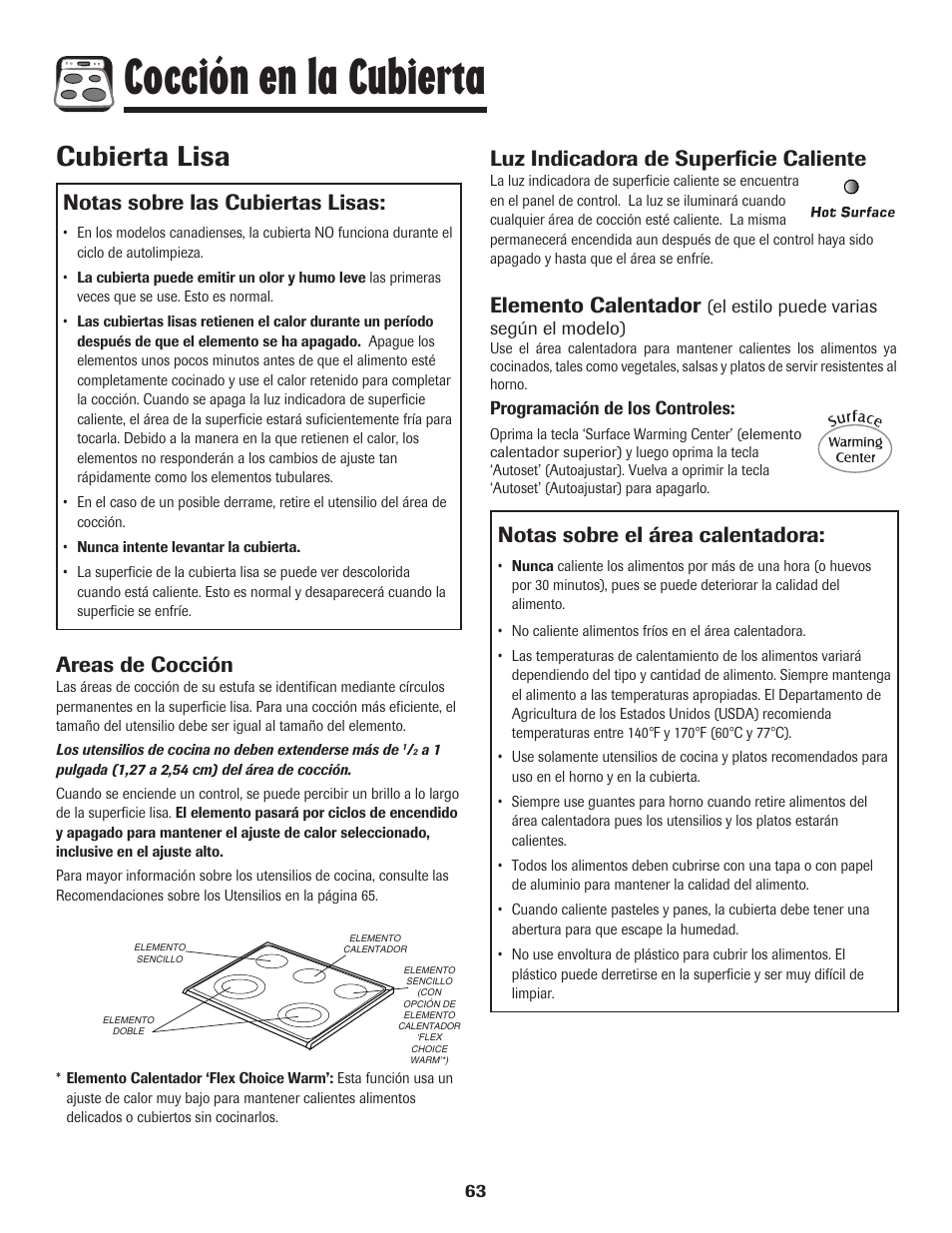 Cocción en la cubierta, Cubierta lisa, Notas sobre las cubiertas lisas | Areas de cocción, Luz indicadora de superficie caliente, Elemento calentador, Notas sobre el área calentadora | Maytag 850 Series User Manual | Page 64 / 88