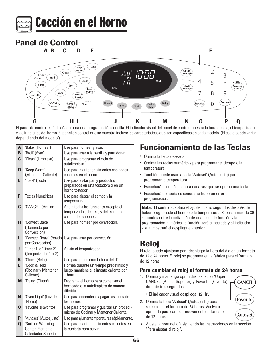 Cocción en el horno, Panel de control, Funcionamiento de las teclas | Reloj | Maytag 850 Series User Manual | Page 67 / 88