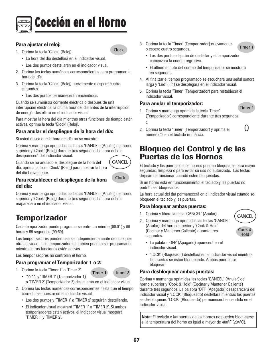 Cocción en el horno, Temporizador, Bloqueo del control y de las puertas de los hornos | Maytag 850 Series User Manual | Page 68 / 88