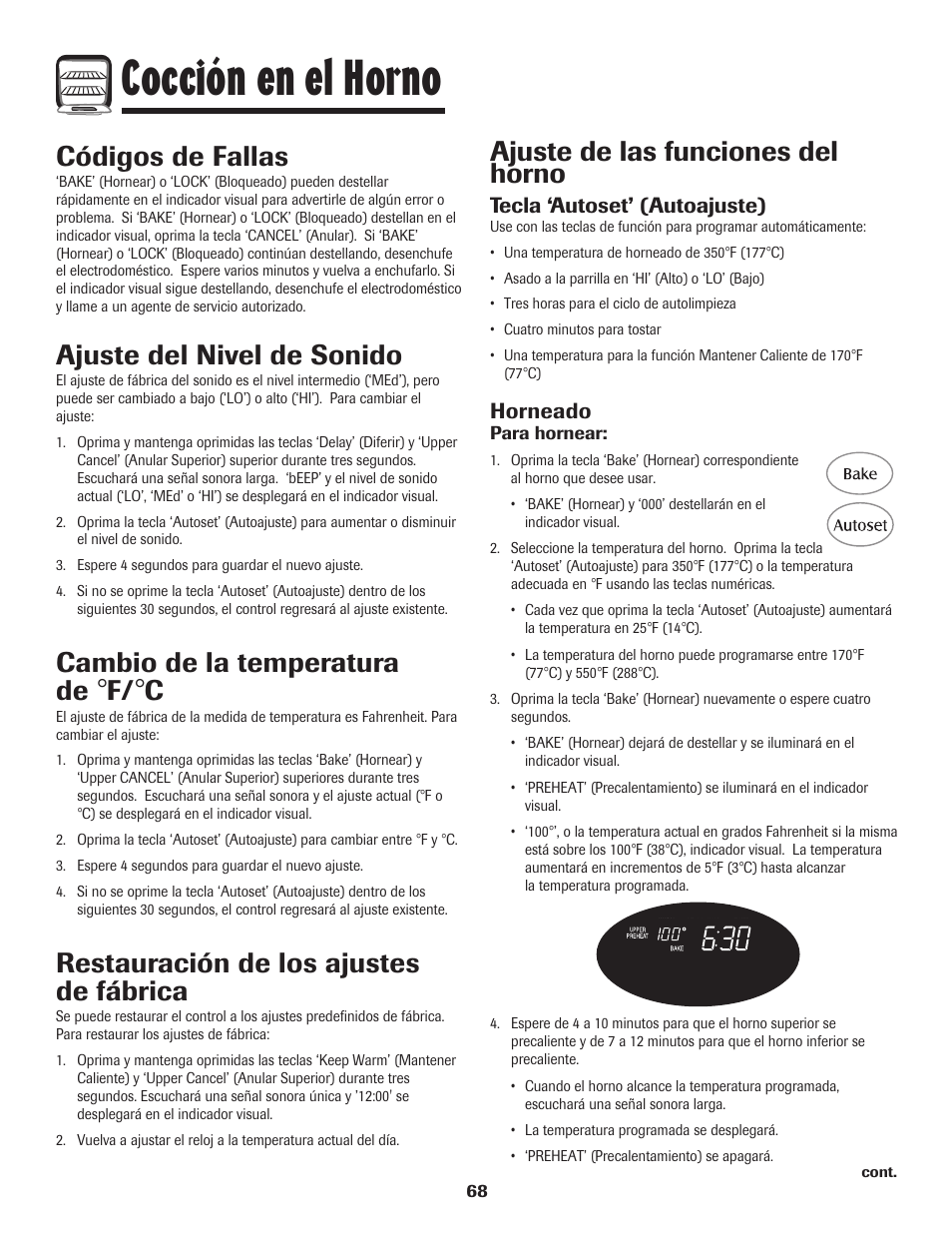 Cocción en el horno, Códigos de fallas, Ajuste de las funciones del horno | Ajuste del nivel de sonido, Cambio de la temperatura de, Restauración de los ajustes de fábrica | Maytag 850 Series User Manual | Page 69 / 88