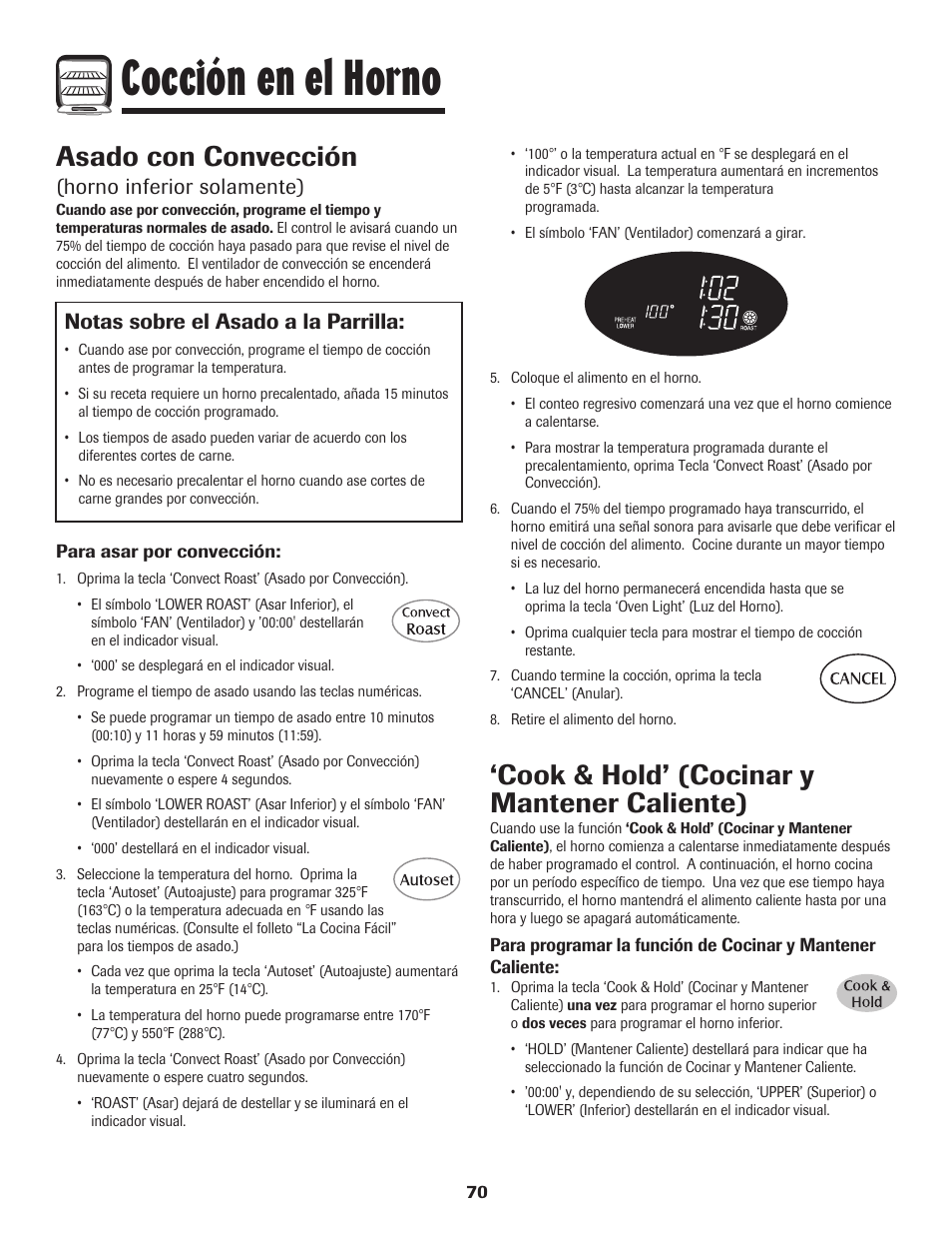 Cocción en el horno, Asado con convección, Cook & hold’ (cocinar y mantener caliente) | Horno inferior solamente), Notas sobre el asado a la parrilla | Maytag 850 Series User Manual | Page 71 / 88