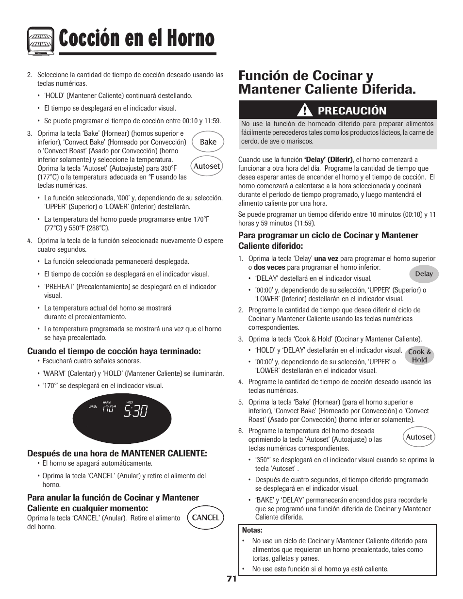 Cocción en el horno, Función de cocinar y mantener caliente diferida, Precaución | Maytag 850 Series User Manual | Page 72 / 88