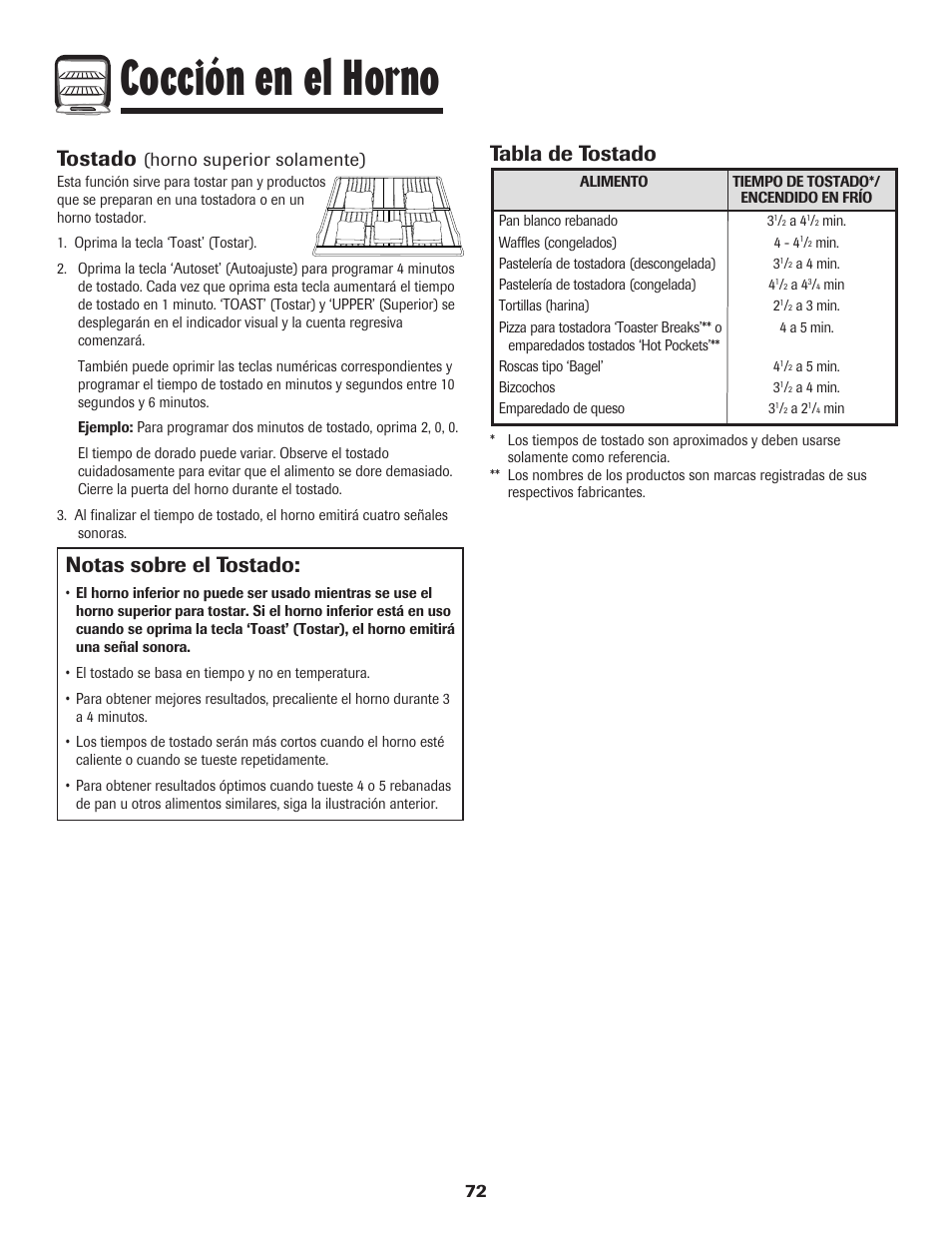 Cocción en el horno, Notas sobre el tostado, Tabla de tostado | Tostado, Horno superior solamente) | Maytag 850 Series User Manual | Page 73 / 88