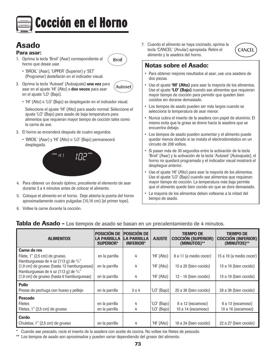 Cocción en el horno, Asado, Notas sobre el asado | Tabla de asado | Maytag 850 Series User Manual | Page 74 / 88