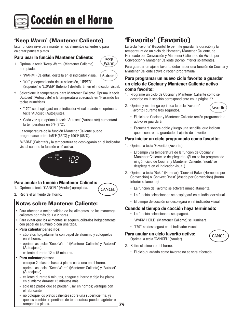 Cocción en el horno, Favorite’ (favorito), Keep warm’ (mantener caliente) | Notas sobre mantener caliente | Maytag 850 Series User Manual | Page 75 / 88