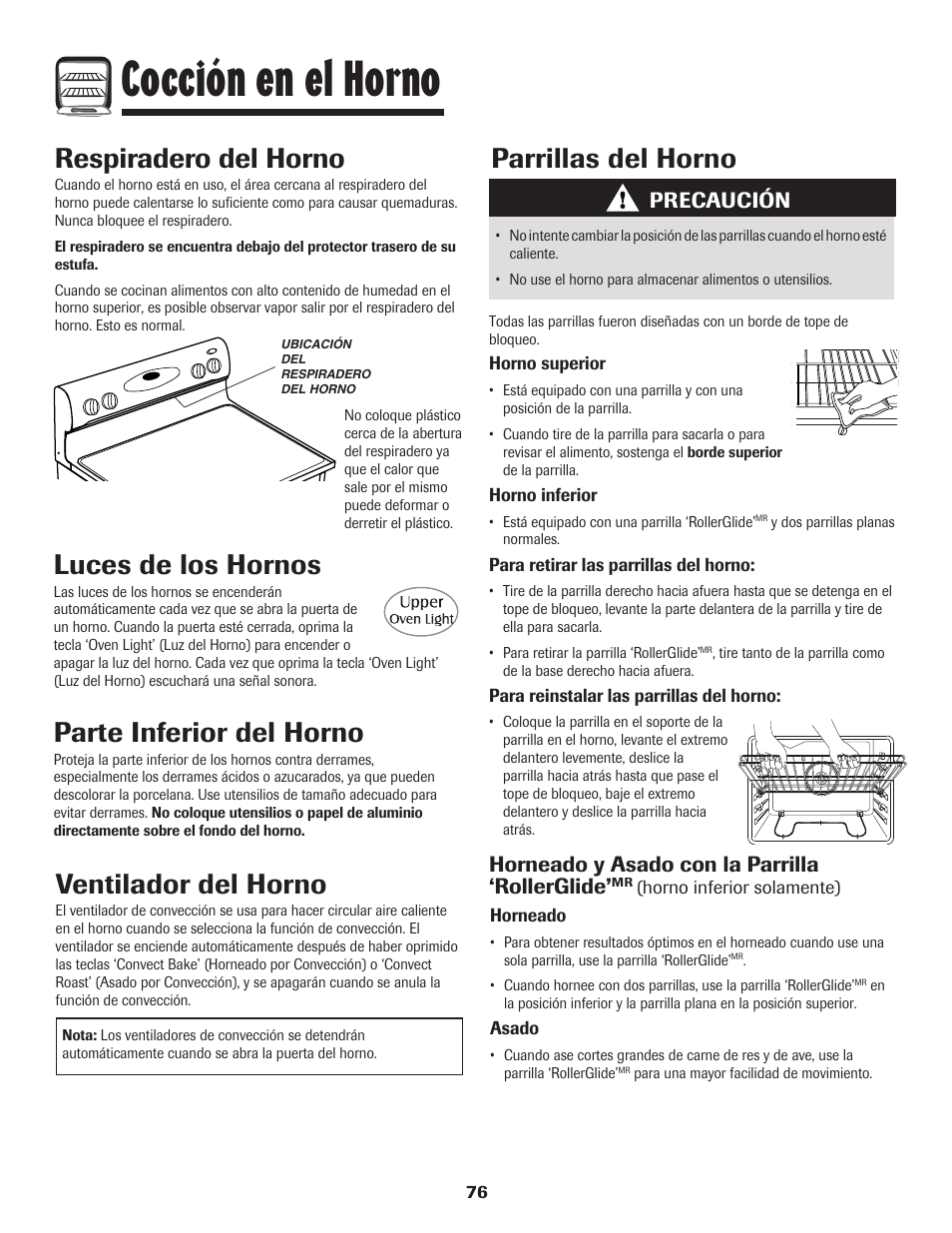 Cocción en el horno, Luces de los hornos, Parte inferior del horno | Respiradero del horno, Parrillas del horno, Ventilador del horno, Precaución, Horneado y asado con la parrilla ‘rollerglide | Maytag 850 Series User Manual | Page 77 / 88