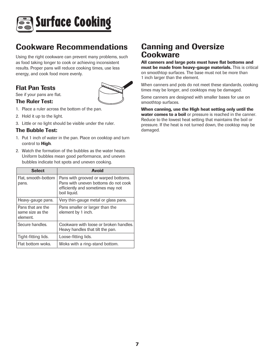 Surface cooking, Canning and oversize cookware, Cookware recommendations | Flat pan tests | Maytag 850 Series User Manual | Page 8 / 88