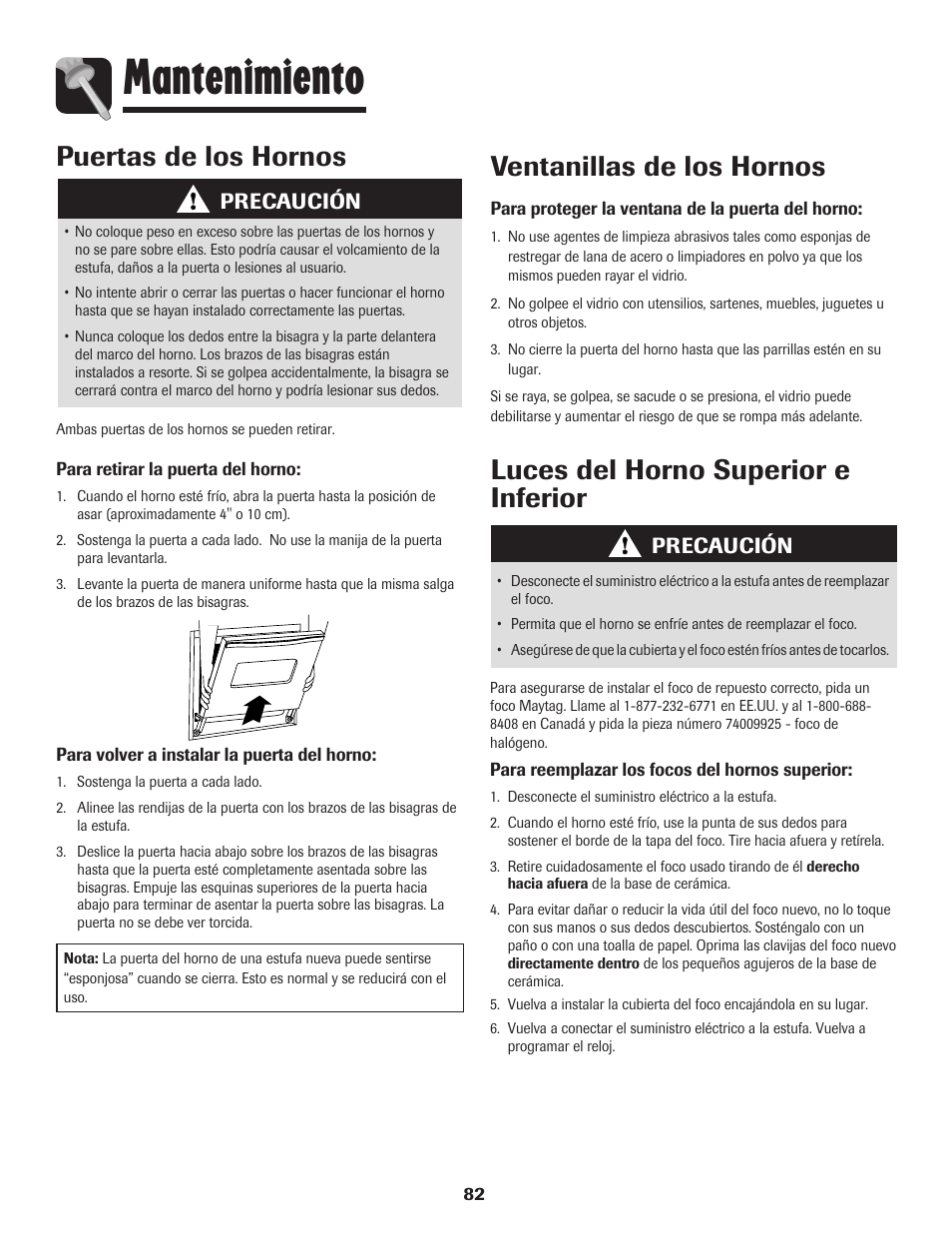 Mantenimiento, Puertas de los hornos ventanillas de los hornos, Luces del horno superior e inferior | Precaución | Maytag 850 Series User Manual | Page 83 / 88