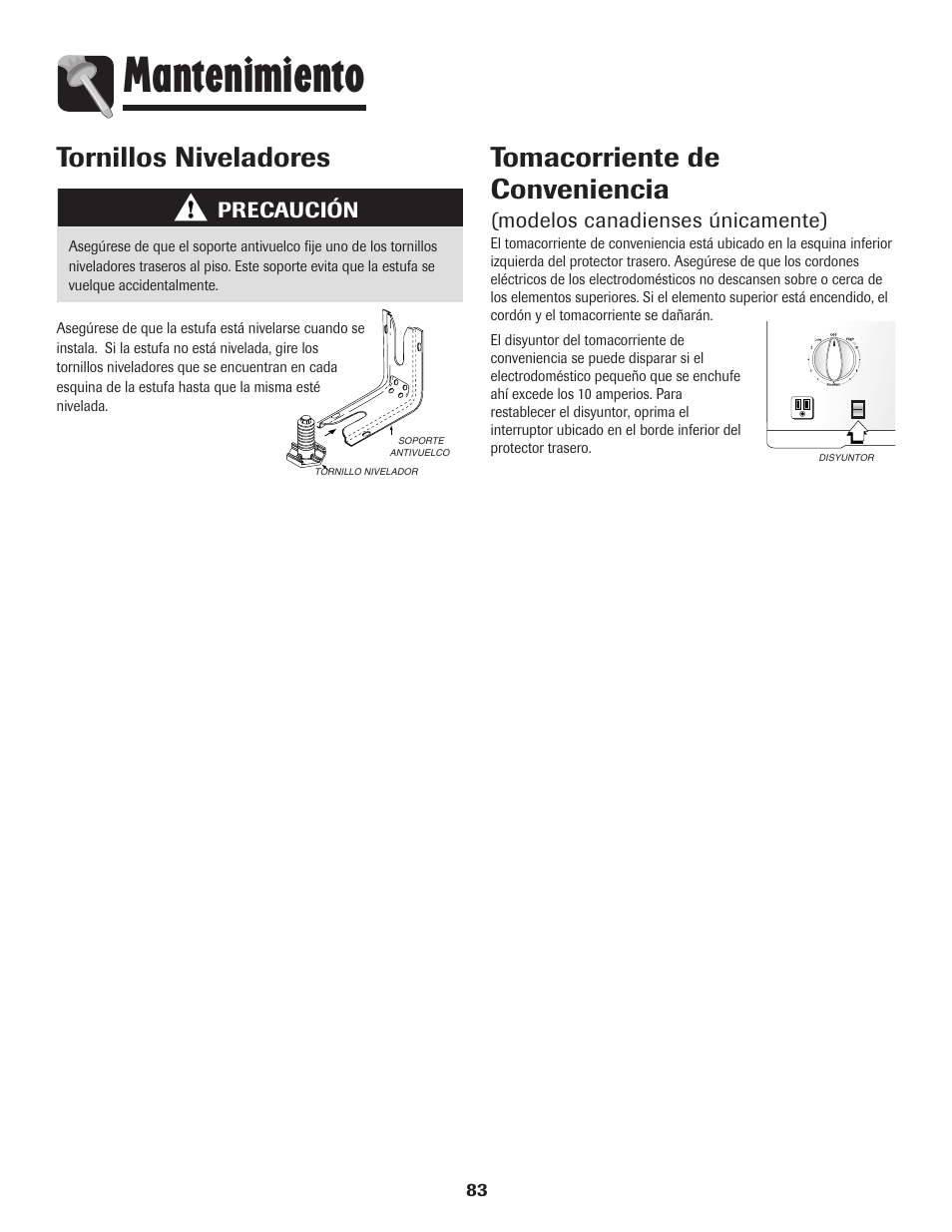 Mantenimiento, Tomacorriente de conveniencia, Tornillos niveladores | Modelos canadienses únicamente), Precaución | Maytag 850 Series User Manual | Page 84 / 88