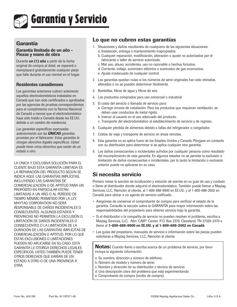 Garantía y servicio, Garantía, Lo que no cubren estas garantías | Si necesita servicio, Notas | Maytag 850 Series User Manual | Page 88 / 88