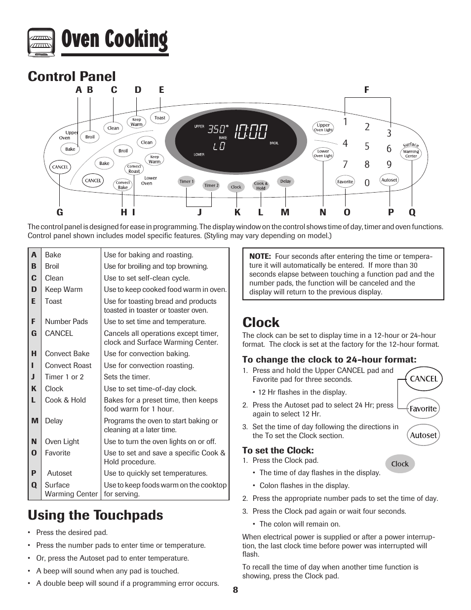 Oven cooking, Control panel, Using the touchpads | Clock | Maytag 850 Series User Manual | Page 9 / 88