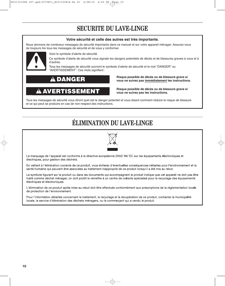 Securite du lave-linge élimination du lave-linge, Avertissement danger | Maytag MAT14CS User Manual | Page 10 / 32