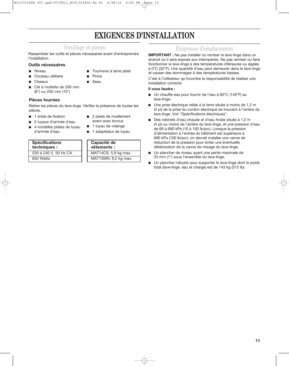 Exigences d’installation, Exigences d’emplacement, Outillage et pièces | Maytag MAT14CS User Manual | Page 11 / 32