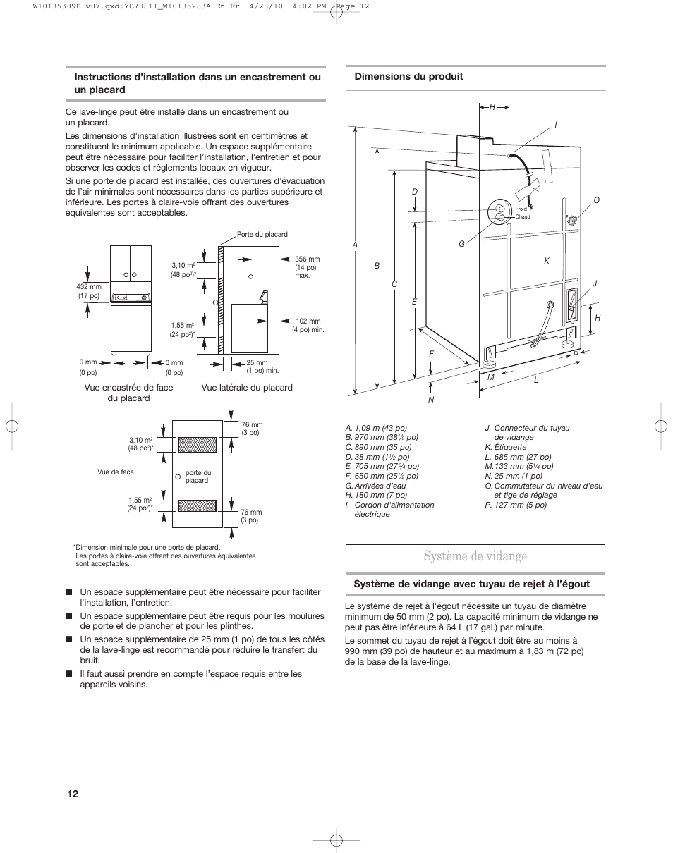 Système de vidange, Système de vidange avec tuyau de rejet à l’égout, Dimensions du produit | Maytag MAT14CS User Manual | Page 12 / 32