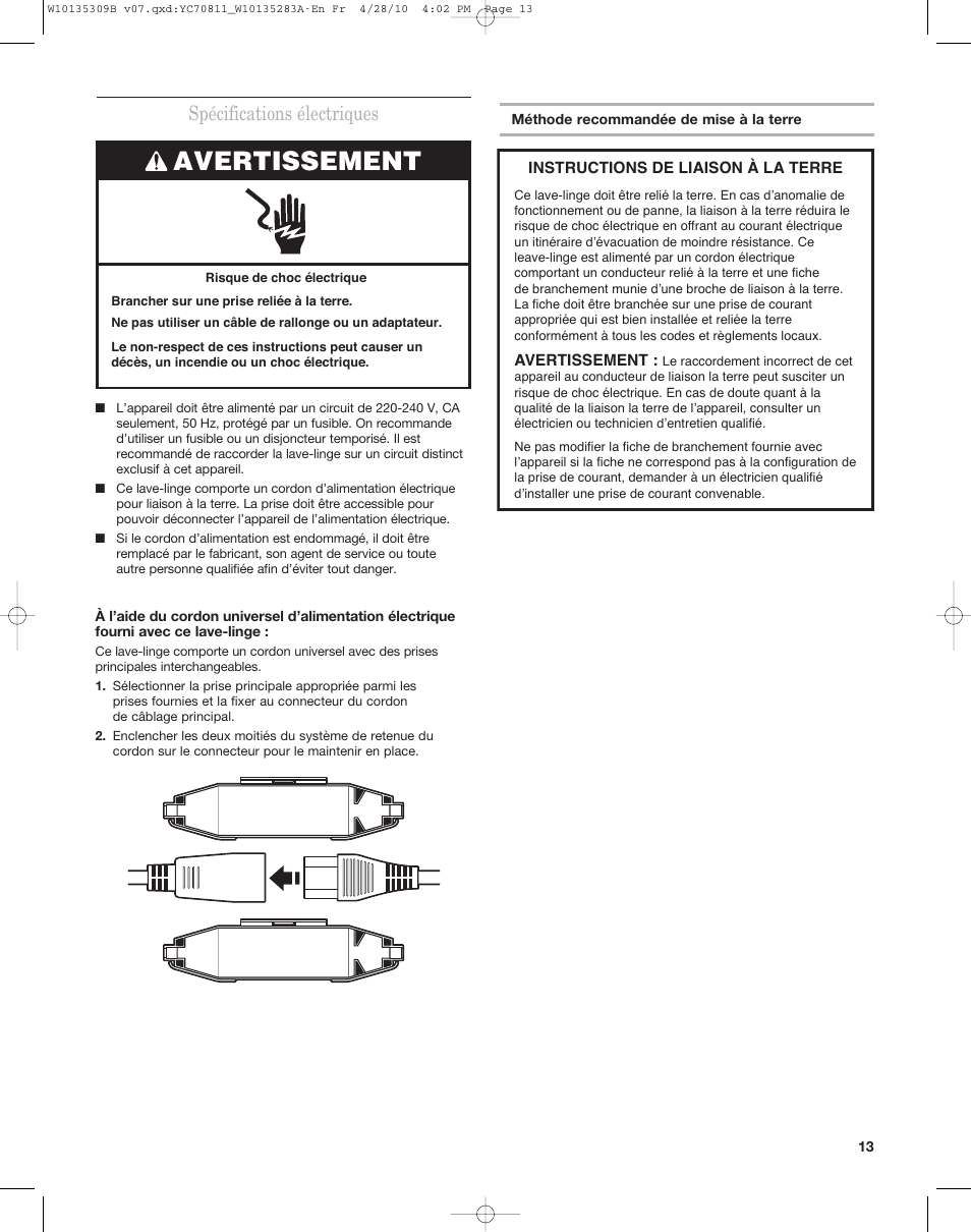 Avertissement, Spécifications électriques | Maytag MAT14CS User Manual | Page 13 / 32