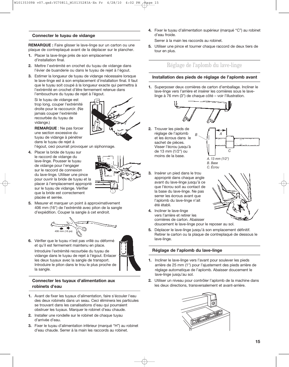 Réglage de l’aplomb du lave-linge | Maytag MAT14CS User Manual | Page 15 / 32