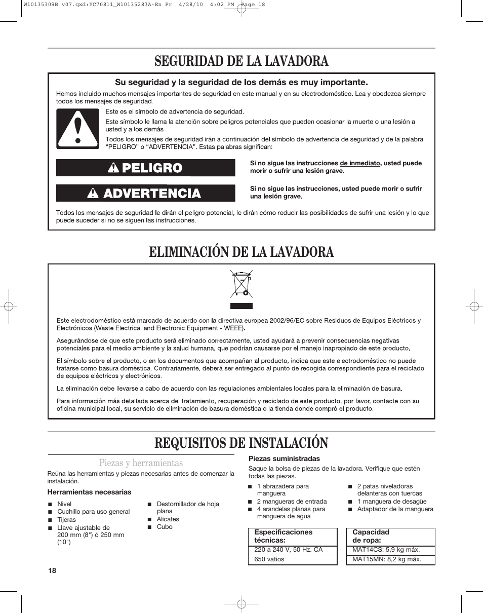 Seguridad de la lavadora requisitos de instalación, Eliminación de la lavadora, Piezas y herramientas | Maytag MAT14CS User Manual | Page 18 / 32