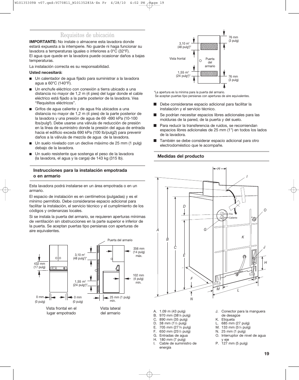 Requisitos de ubicación, Medidas del producto | Maytag MAT14CS User Manual | Page 19 / 32