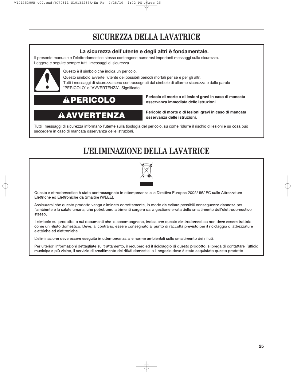 Pericolo avvertenza | Maytag MAT14CS User Manual | Page 25 / 32